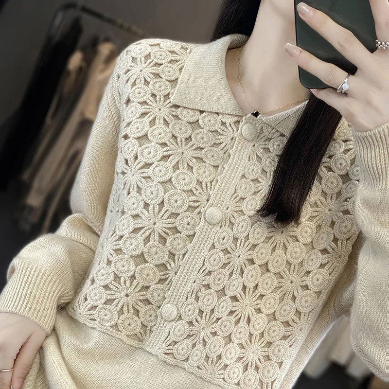 Heavy Cashmere Sweater for Women, 100% Cashmere, Solid Color, Loose Wool Knit Bottoming, Polo Lapel, Thick Sweater