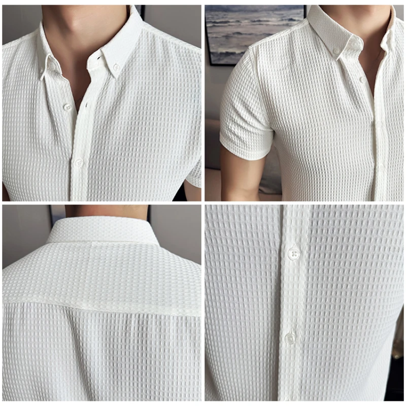 Thin Waffle Shirt, Non-Ironing Business Slim Shirt, Men\'s Short Sleeve Shirt Brown,Exquisite Business Short-Sleeved Shirt