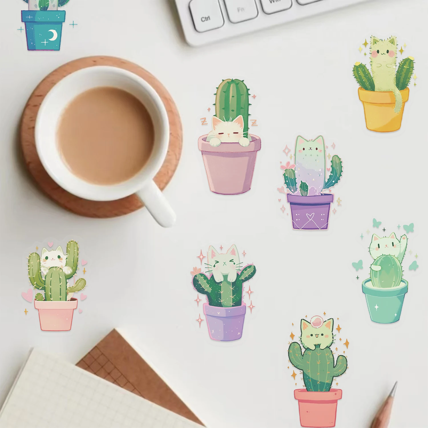 50pcs Cat Cactus Transparent Stickers Decoration Graffiti Decals Scrapbook Skateboard Laptop Waterproof Sticker