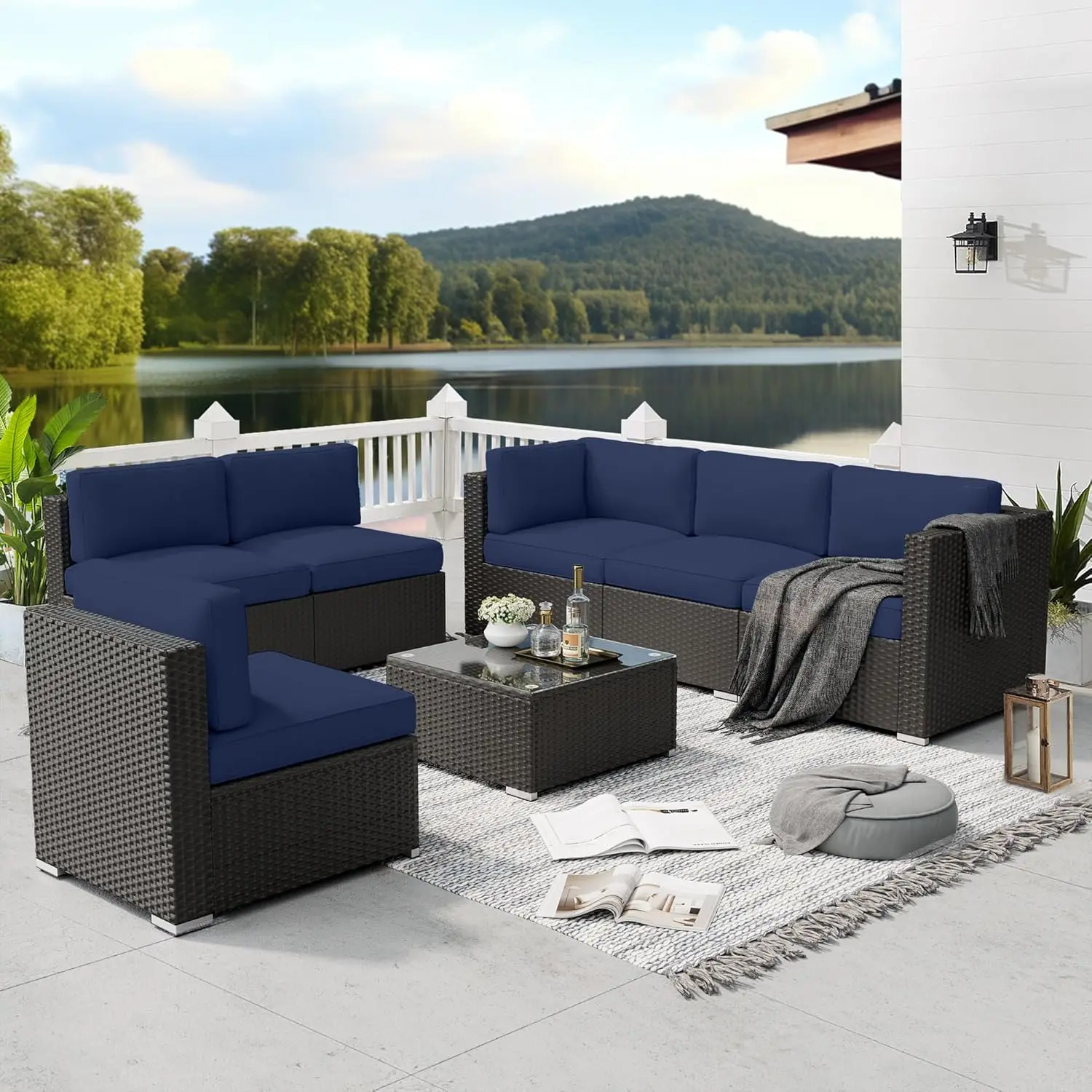 

7 Pcs Outdoor Patio Furniture Set, Black Brown Rattan Outdoor Patio Sectional Conversation Set, Modular Sofa Set w/ Coffee Table