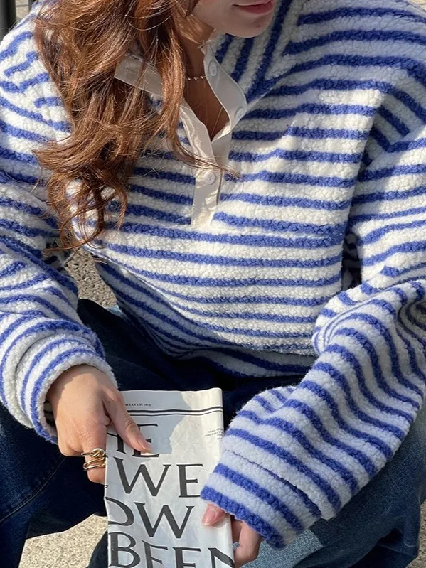 Koreańska, swobodna, vintage'owa bluza damska w paski z bawełny plus, nowy zimowy model z kapturem, designerski top.