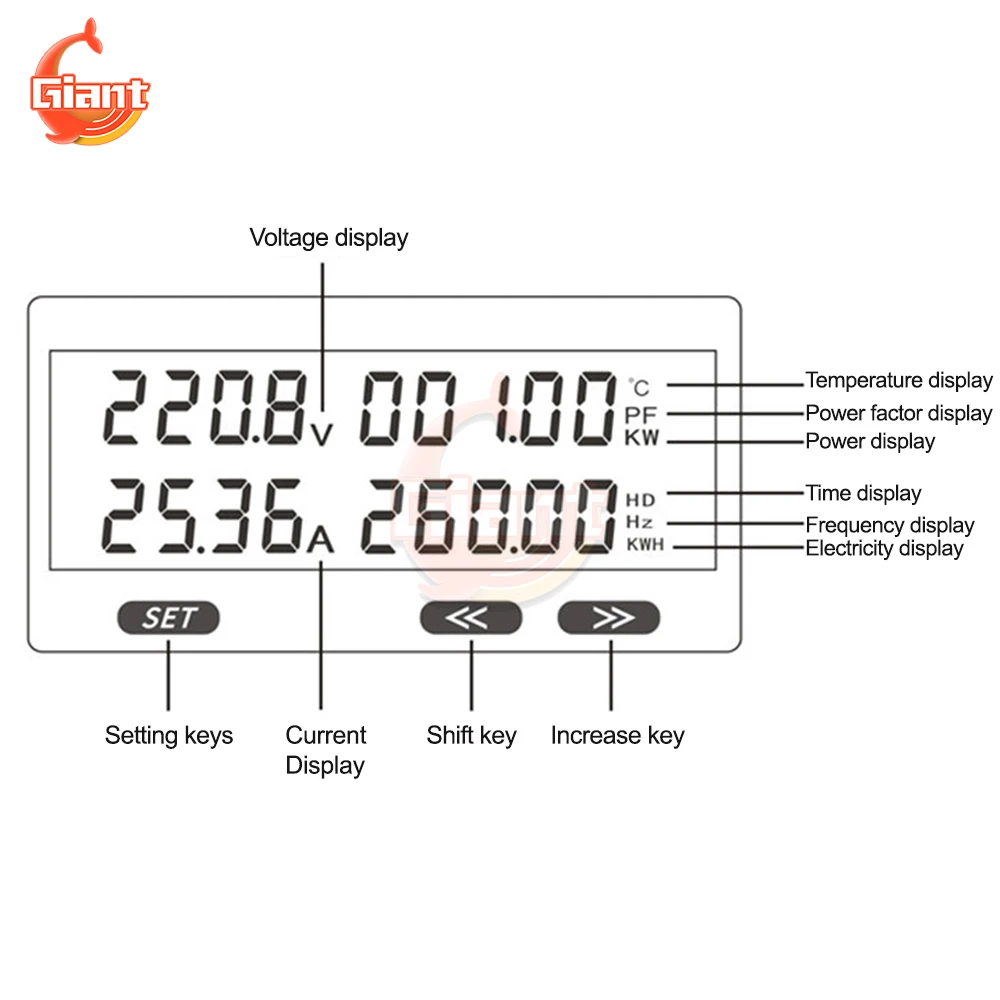SPM005 AC60-300V Single-phase Digital Voltmeter Ammeter Power Electric Energy Meter Voltage Current Tester Temperature Monitor