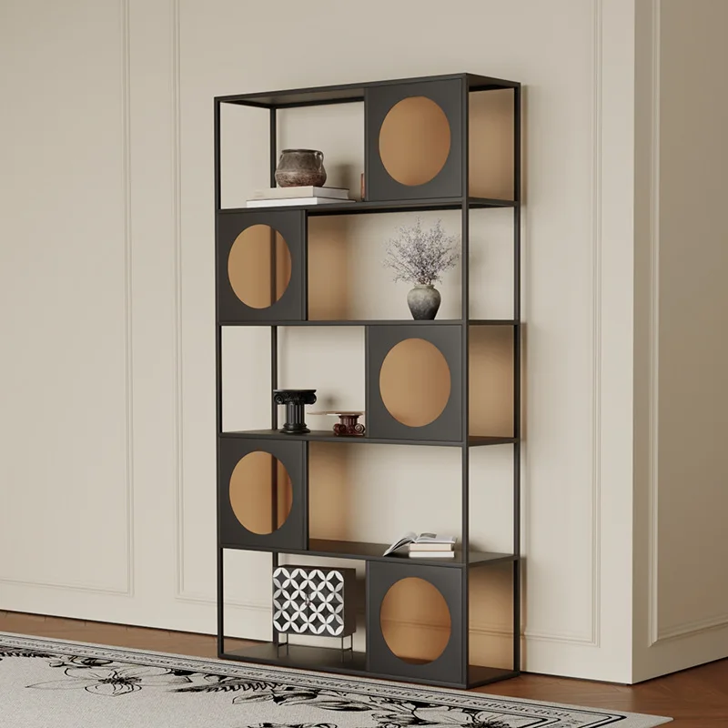 French wrought iron bookshelf integrated against the wall, living room partition, simple modern household multi-layer storage
