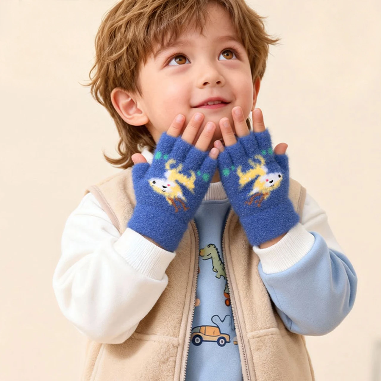 Winter Warm Kids Half-Finger Soft Woolen Knit Gloves 1-3Year Boys Girls Toddler Fingerless Mittens Cute Cartoon Baby Hand Warmer