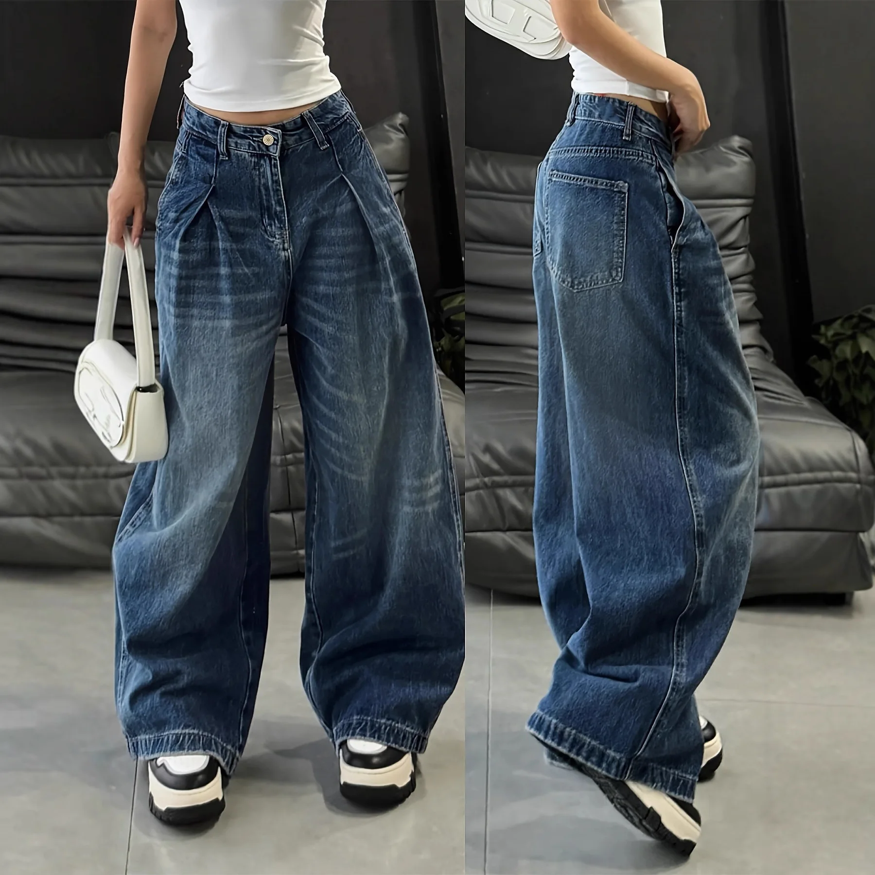 

Denim Jeans Women Solid Jean Pleated Button Pocket Zipper Fly Mid Waist Full Length Wide Leg Pants Slight Strech 2025 Autumn