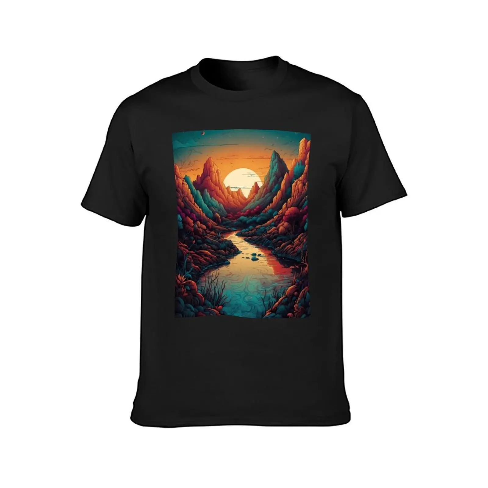 Serene Sunset Canyon: A Vibrant Landscape Illustration T-Shirt blacks quick-drying cute clothes t shirts for men pack