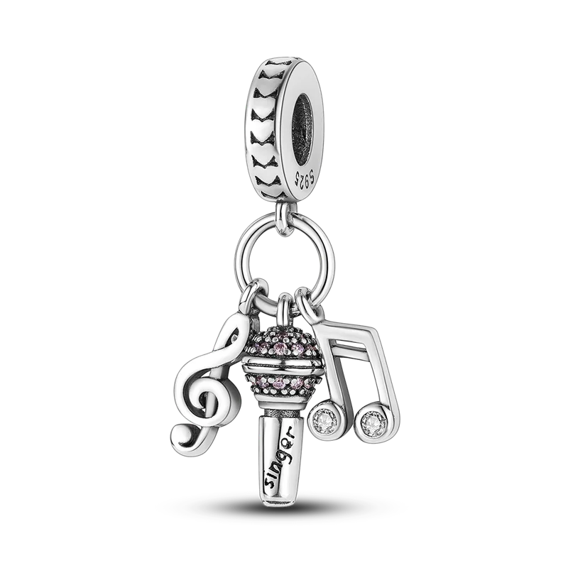 925 Sterling Silver Musical Note Microphone Charms Bead CZ Zircon Dice Dangle Fit Original Bracelet DIY Women Jewelry Gift