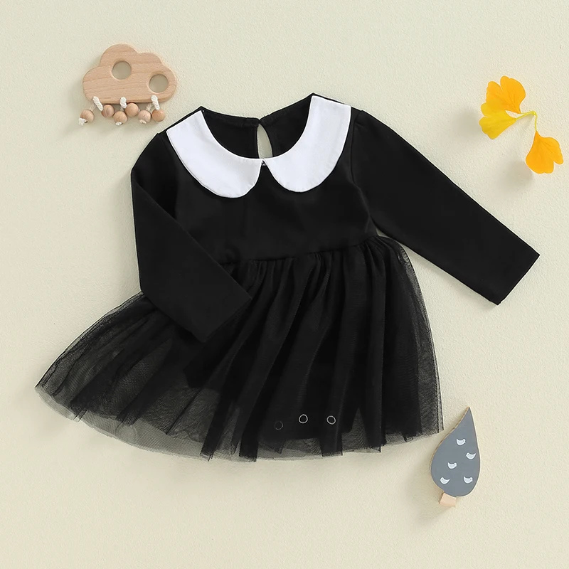 Newborn Baby Girl Halloween Outfit Long Sleeve Doll Collar Romper Tutu Dress Black Bodysuit Halloween Dress 0-24M