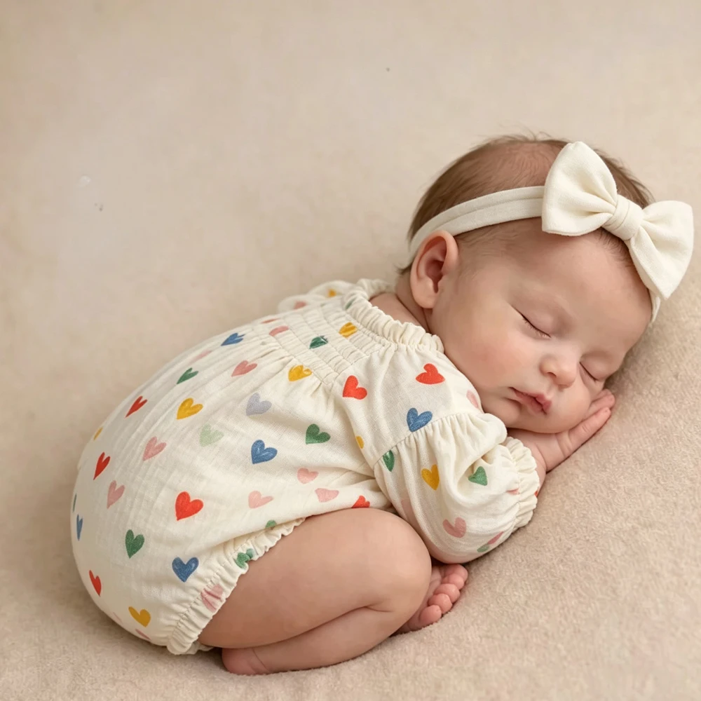Newborn Baby Girl Bubble Romper Soft Cotton Gauze Long Sleeve Heart Print Infant Bodysuit for Daily Wear&Newborn Photo Shoots