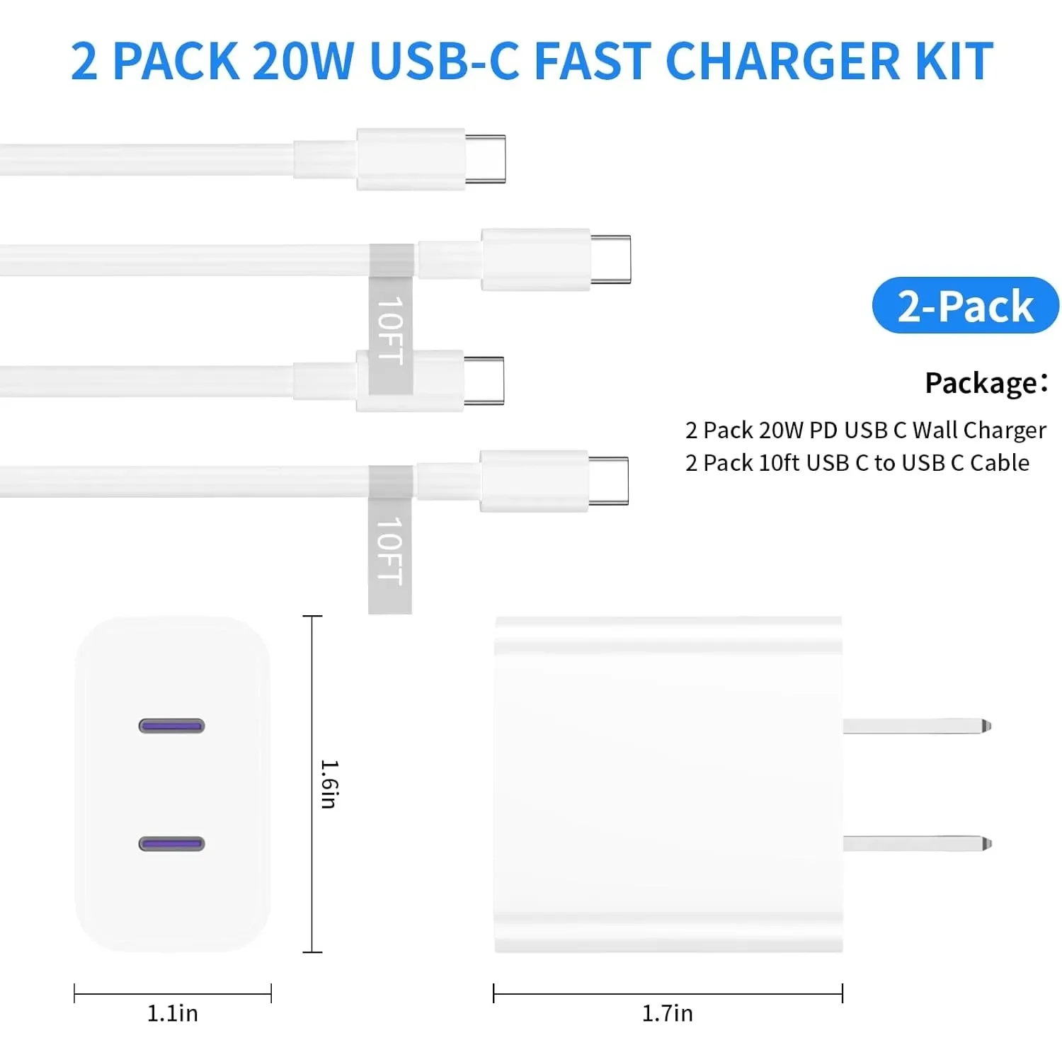 Phone16 Charger Fast Charging,2Pack 20W Dual Port USB C Wall Charger with 10 FT Type C Cord for iPhone 15/15Plus/15Pro/15Pro Max