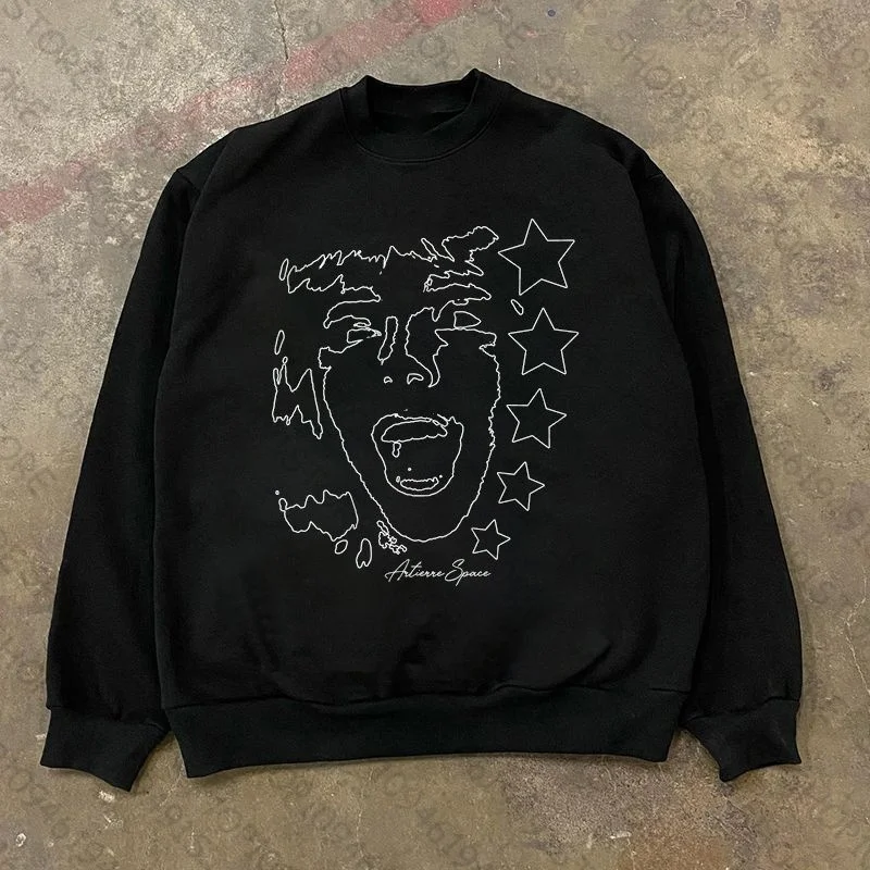 

Мужская одежда, черный свитшот, кричащий контур лица, графический принт со звездами, готический панк, уличная одежда, пуловер с круглым вырезом, осень-зима
