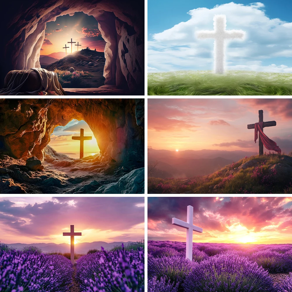 Fondo de fotografía de puesta de sol de montaña cruzada fe cristiana Natividad Biblia buen viernes Pascua Cruz telón de fondo accesorios de estudio fotográfico