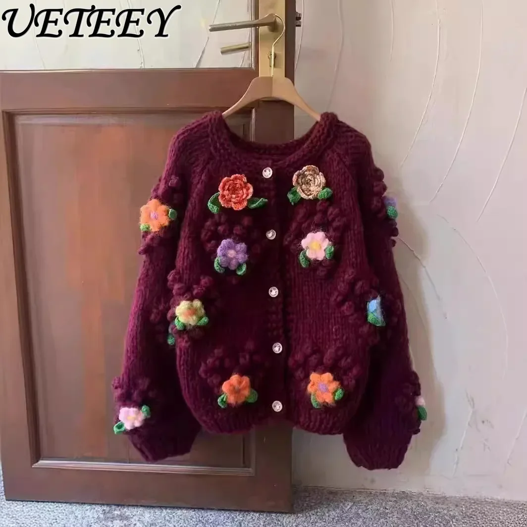 2025 Autumn Winter Thick Stick Needle Handmade Crochet Thickened Knitted Cardigan Sweet Flower Loose and Thin Sweater Jacket