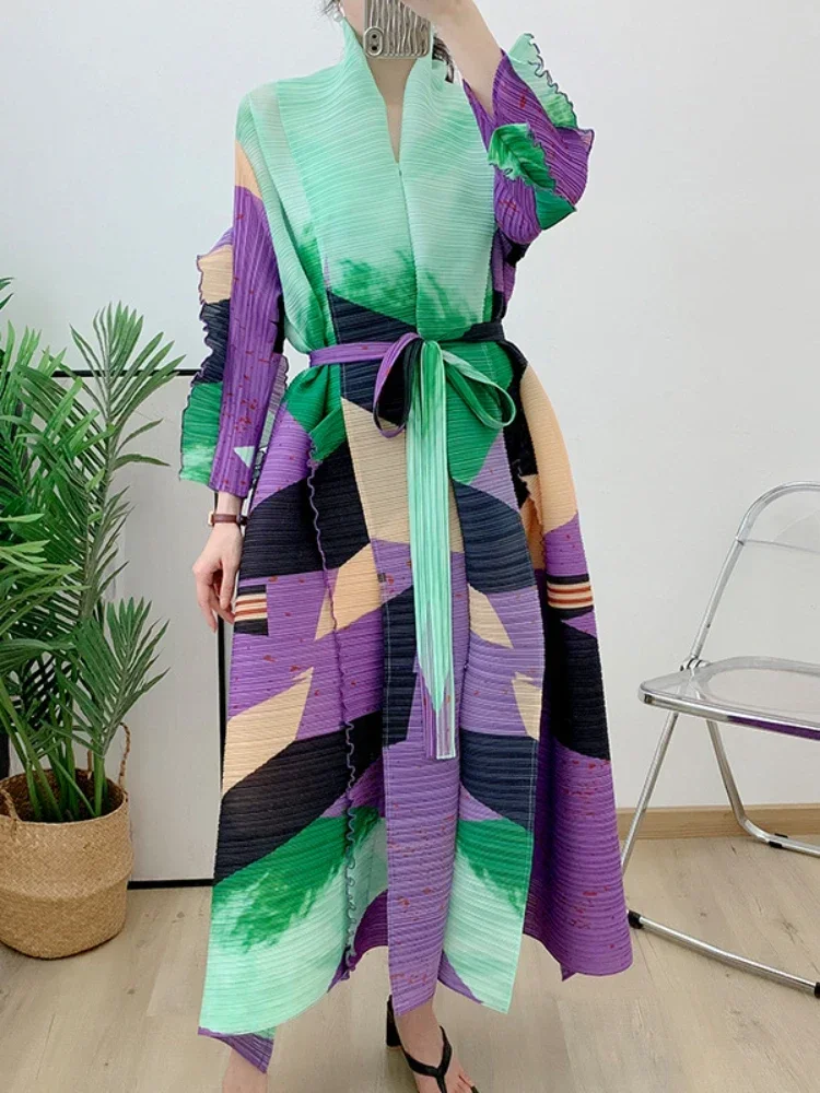 EGRM Miyake Pleated Maxi Long Dress For Women Fashion Color Block Full Sleeved Loose Formal Dresses 2024 Autumn New 8RM1735