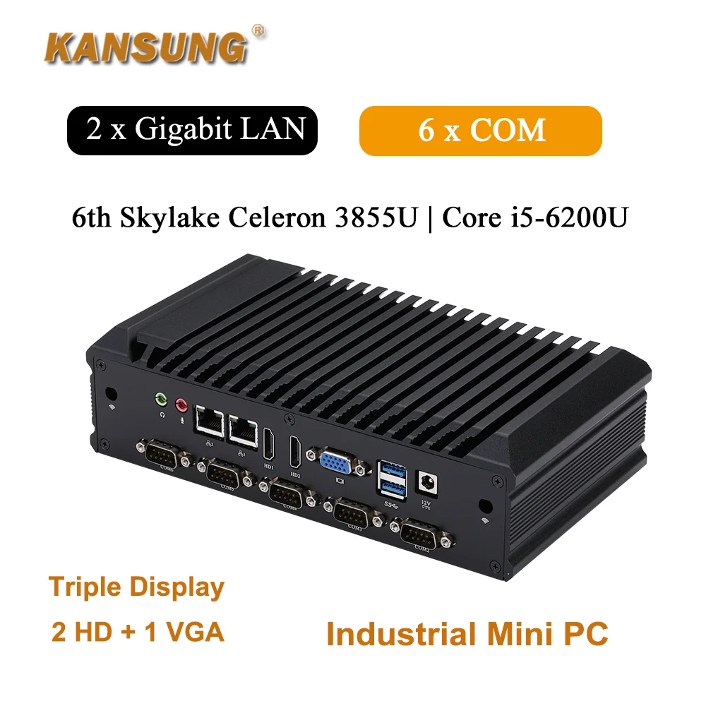 KANSUNG 6-го поколения Celeron 3855U Core i5-6200U Двухъядерный DDR4L M.2 SSD 2 LAN 6 COM 12 В Промышленный безвентиляторный мини-ПК малой мощности