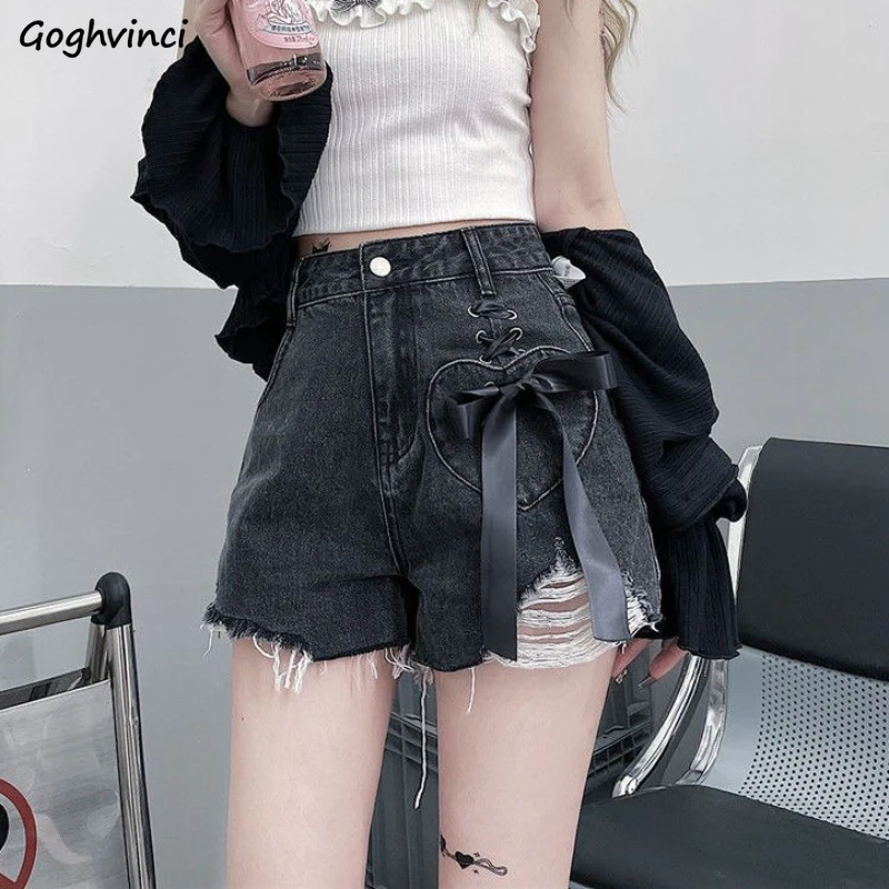 Pantaloncini di jeans Fiocco Fasciatura Foro All-match Trendy Casual Quotidiano Vita alta Stile coreano Vestibilità ampia A-line Lavato Streetwear Estate