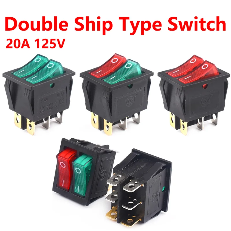 

5/20PCS KCD3 Double Boat Rocker Switch Toggle 6 Pin On-Off With Green Red Light 20A 125VAC 16A 250V Power Dual Push Button KCD6