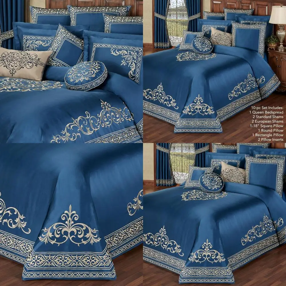 

Luxurious Sapphire Blue Bedding Set - 10-Piece with Queen Bedspread, 2 Standard Shams, 2 Euro Shams, 2 Pillow Inserts, and 3 Dec