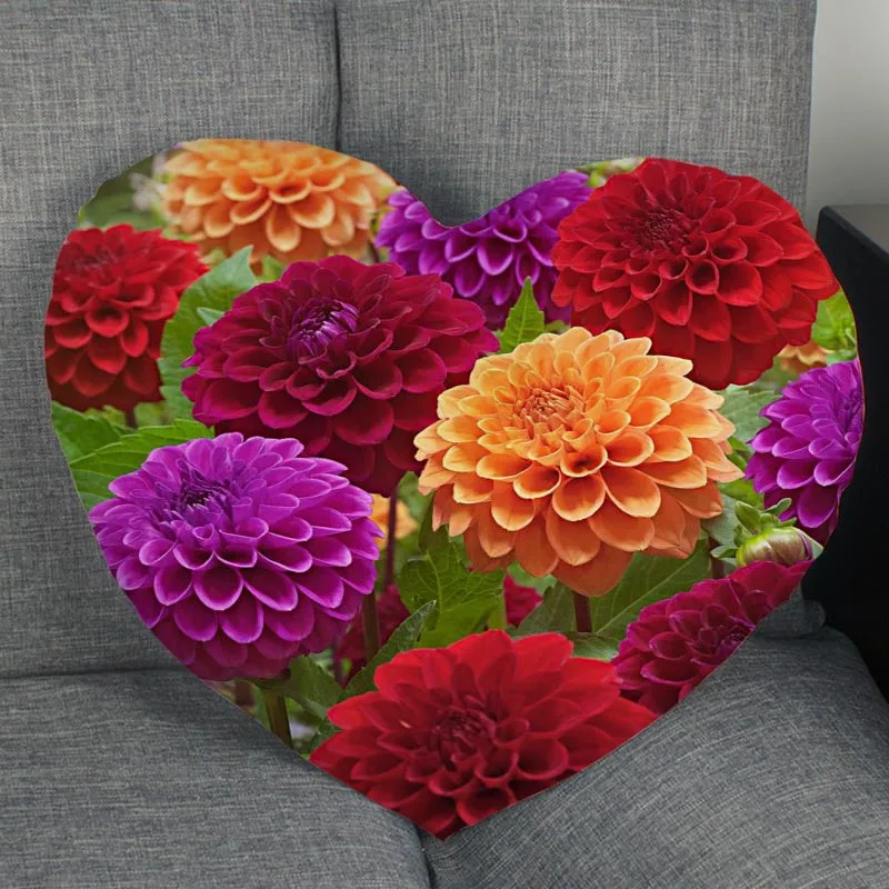 Custom Dahlia Fower Pillowcase Heart Shape Zipper Pillow Cover Home Office Wedding Decorative Gift Size 41x36cm,47x42cm 1007