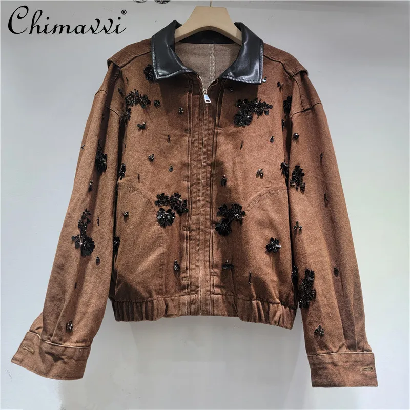 

Heavy Diamond Color-Block PU Leather Collar Denim Jacket Women Autumn Winter New Loose Slim Streetwear Long Sleeve Denim Jacket