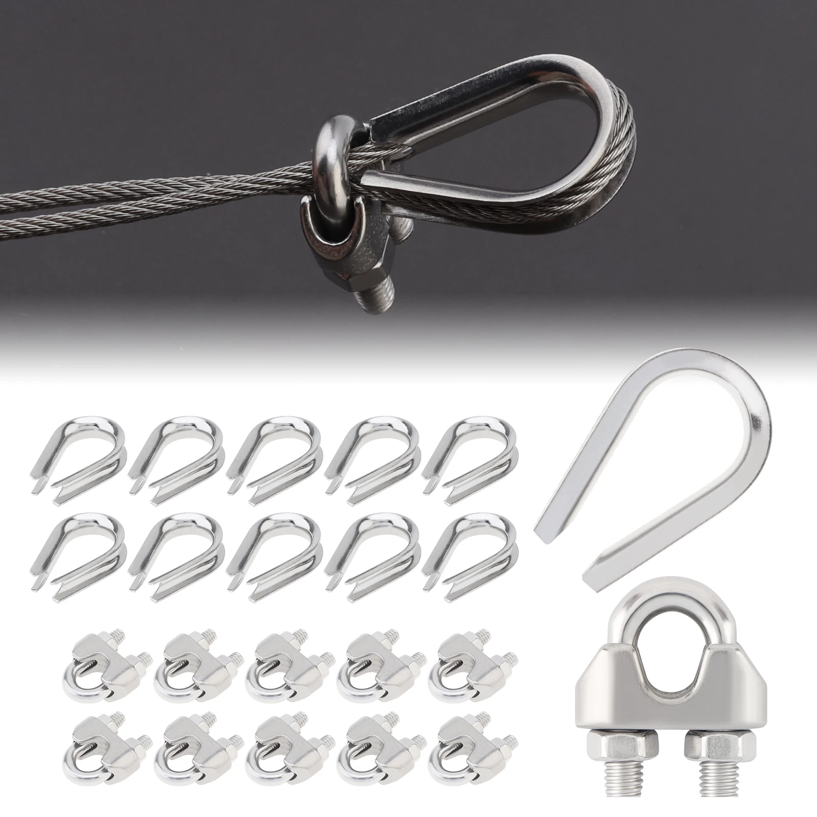 20pcs Stainless Steel 3/16 Inch M5 Wire Rope Cable Clip Clamps for 3/16 Inch Wire Rope with M5 Wire Rope Thimbles