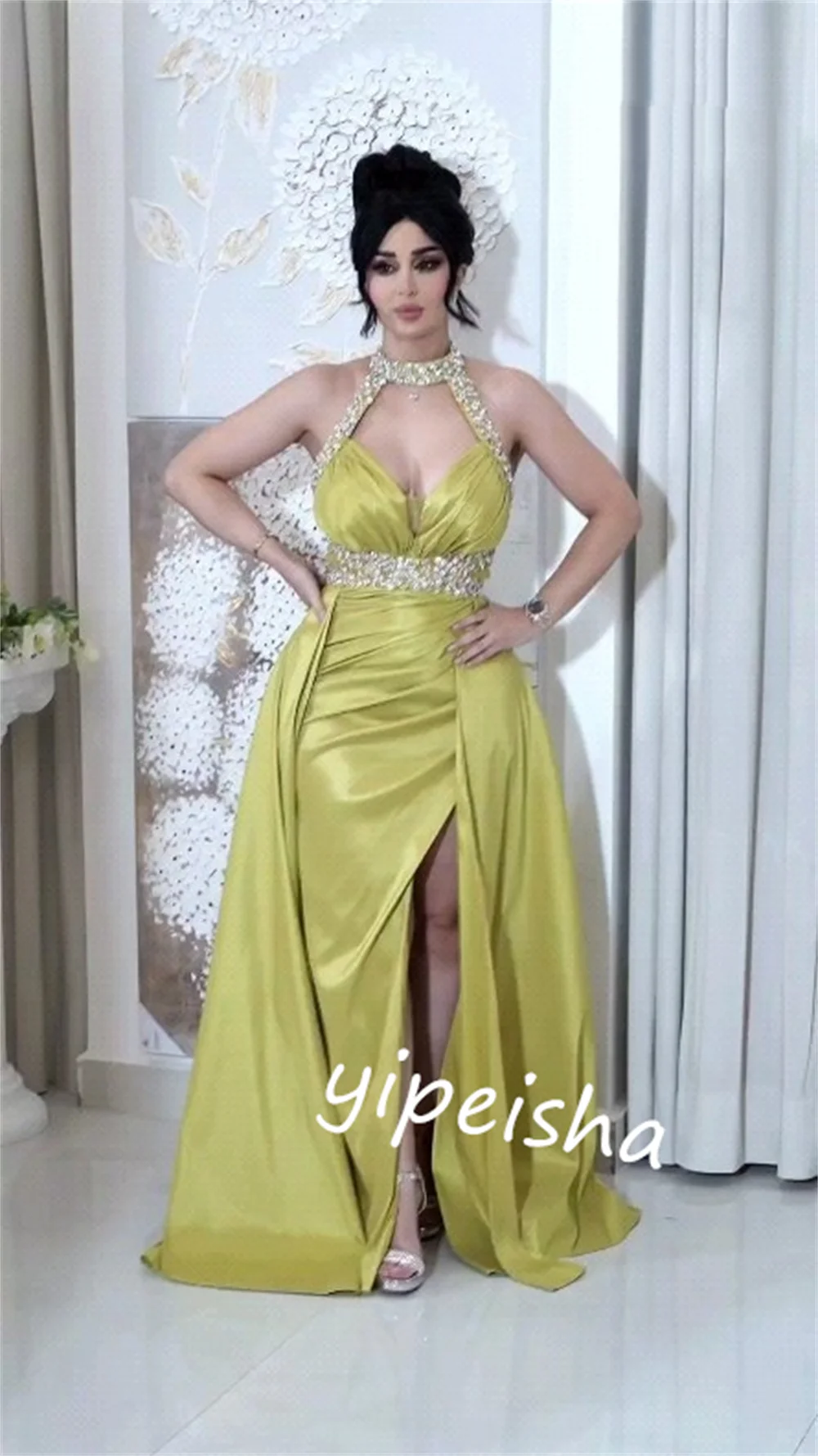 CustomizedSatin Sequined Celebrity Straight Halter Bespoke Occasion Gown Long Dresses