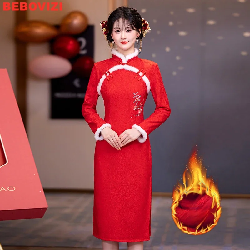 

Winter Fleece Chinese Style Cheongsam Dress with Modern Twist Women Clothing Chinese Traditional Dress for Girls