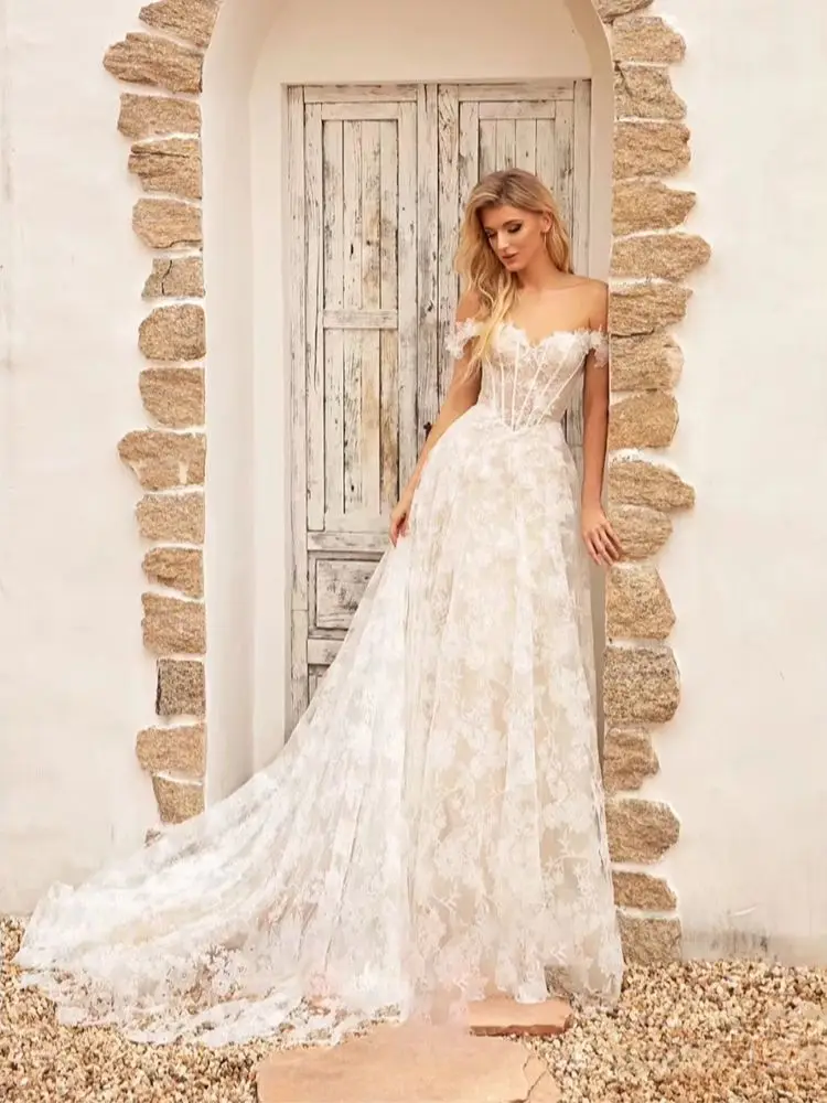 2285 #   Personalizado fora do ombro a linha 3d flores vestido de casamento de renda com apliques de lantejoulas vestido de noiva para mulher feito sob encomenda