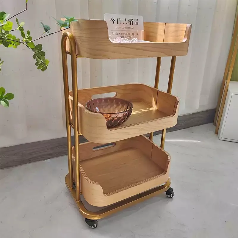 Salon Solid Wood Trolley, Beauty Storage Cart for Nail Art & Skin Care, Aesthetician Equipment Rack