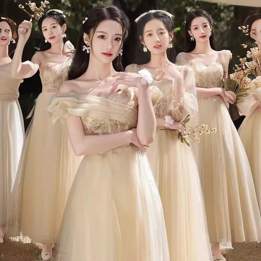 

Champagne Color Ele Adult Dr for Wedding Ceremony Host Best Friend High Waist A-Line Skirt Long Dr