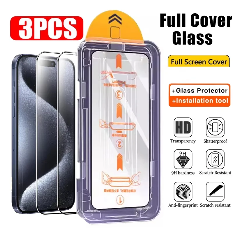 1-3PCS HD Screen Protectors For iPhone 16 Pro Max Air 17 15 14 Plus 13 12 16e 11 X XR XS 6 7 8 Tempered Glass Easy Install Glass