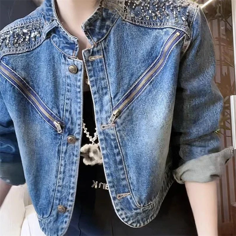 Vrouwen Trendy Vintage Y 2K Streetwear Strass Rits Denim Jack Casual Stand Kraag Lange Mouw Crop Coat