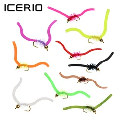 ICERIO 10PCS San Juan Worm Brass Bead Head Squirmy Wormy Nymph Flies Trout Fishing Fly Lure Baits