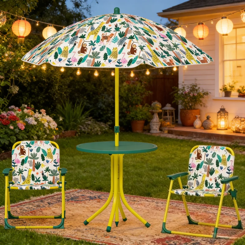 

Kindersitzgruppe, 4 teilige Kindersitzgarnitur mit abnehmbarem Sonnenschirm, Kindertisch mit 2 Klappstühlen, Grün