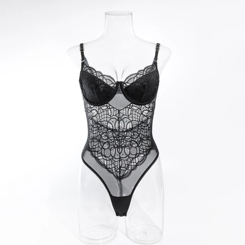 

Bikini-style lace-trimmed breathable hollow-out underwire women's one-piece shapewear