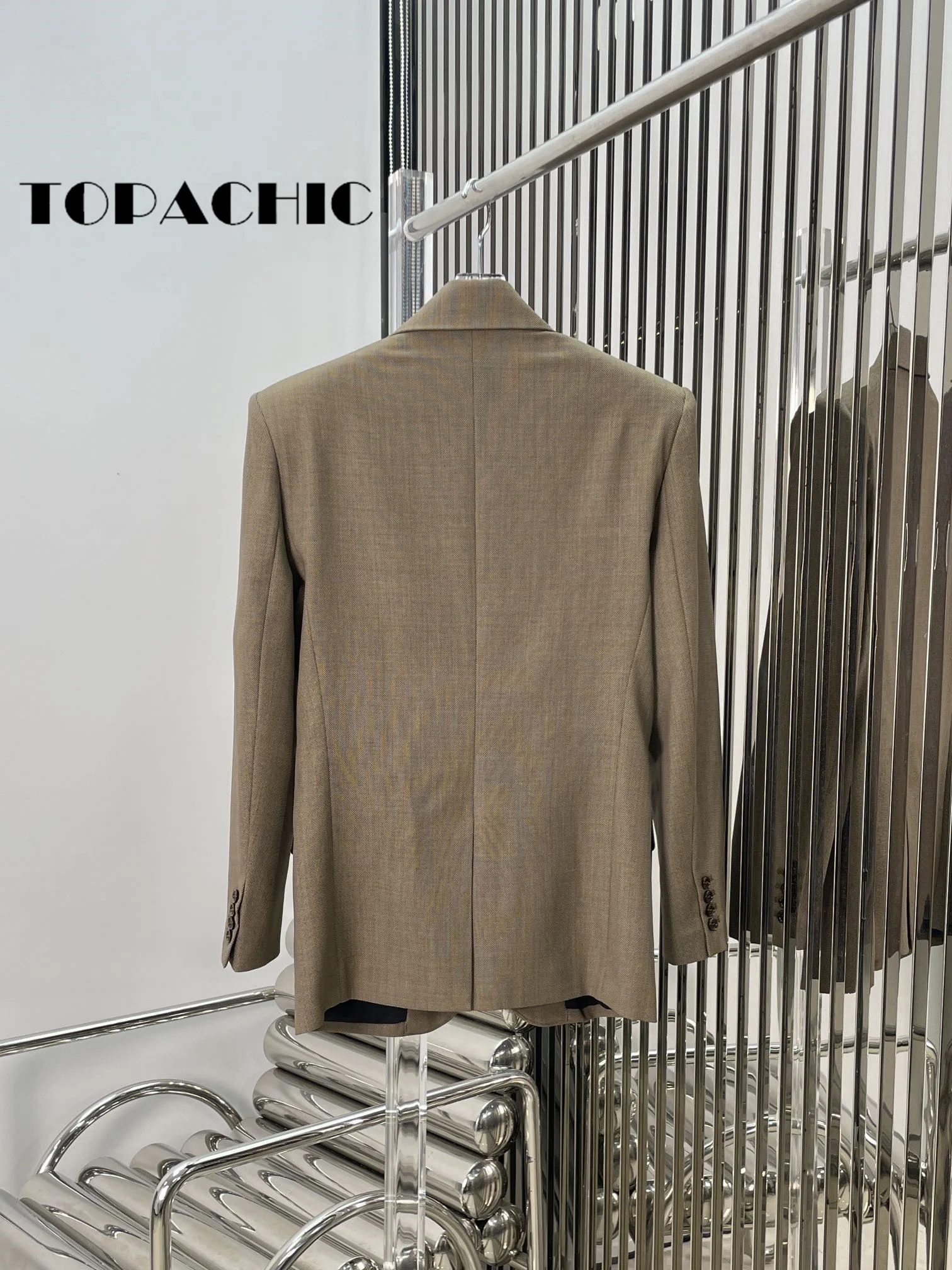 9.2 TOPACHIC-Women Same Wool Blend Blazer Temperament Shoulder Pads Single Button Long Sleeve Commuter Casual Jacket