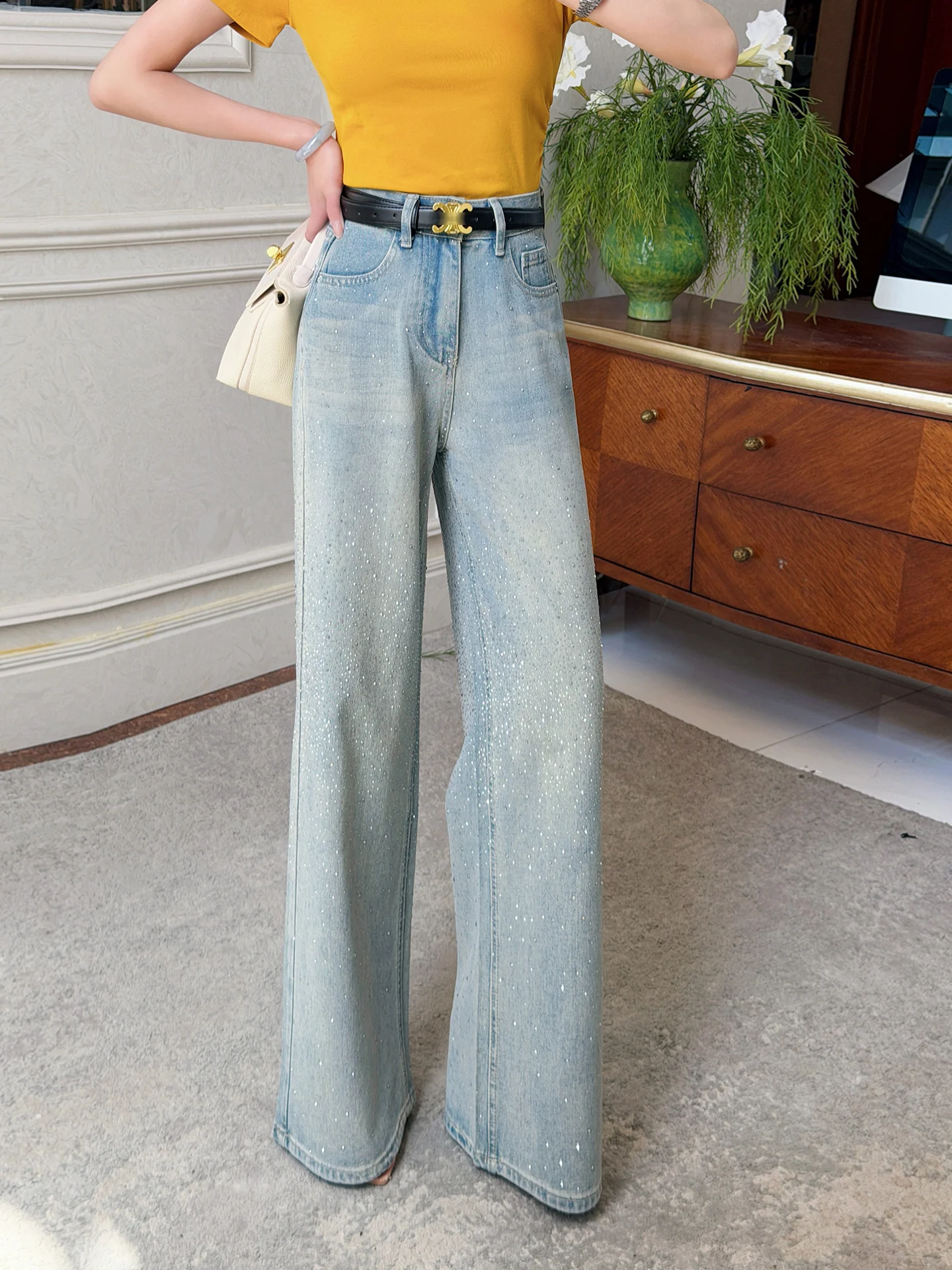 

High Waist Wide Leg Denim Jeans Miss Fly Personal Tailor Brand Casual Style Blue Color Four Seasons Universal Wear Resistant