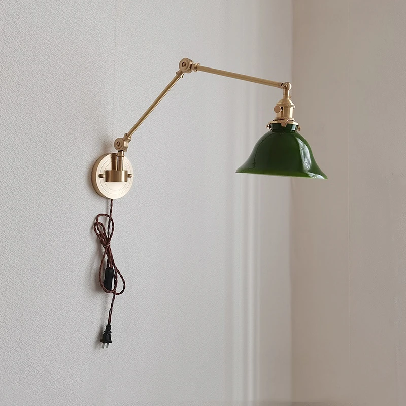 IWHD  Left And Right Rotate Copper Wall Lamp Beisde Swing Long Arm Green White Lampshade Nordic Modern Wandlamp Lighting