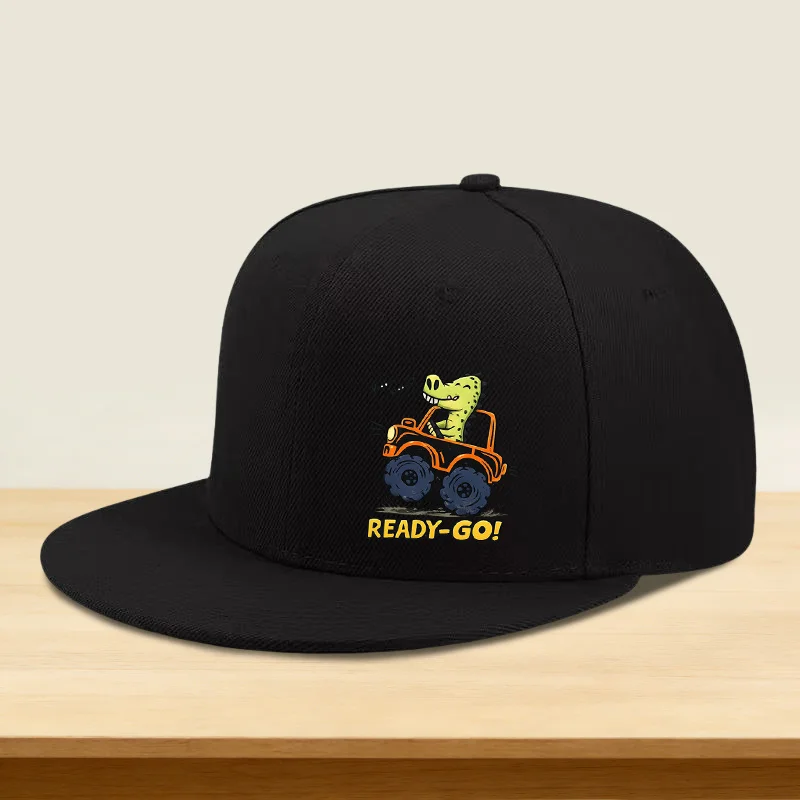 READY-GO Dinosaur Driving Print Cap - Unisex Flat Brim High Crown Hat Suitable for Off-Road Rally Car Fans, Outdoor Sports, Musi
