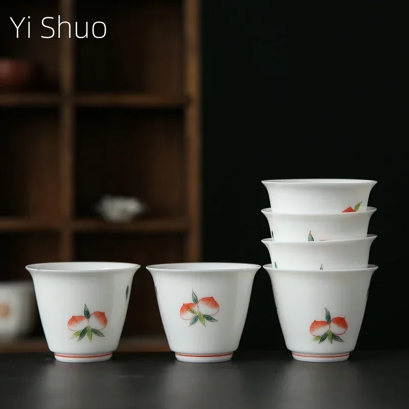 White Porcelain Hand Drawn Longevity Peach Master Cup Ceramic Tea Set Tea Tasting Cup Set Household Kung Fu Teacup Teaware