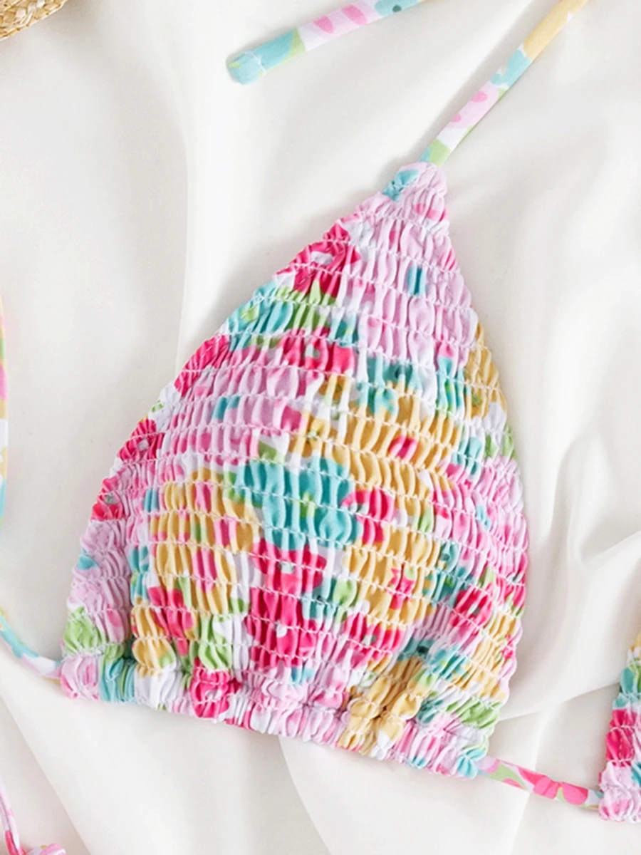 Sexy Bandage Low Waist Swimsuit Floral Print Bikini Pleated Swimwear Female Brazilian Bathing Suit Swimming Pool Beach Wear 2023