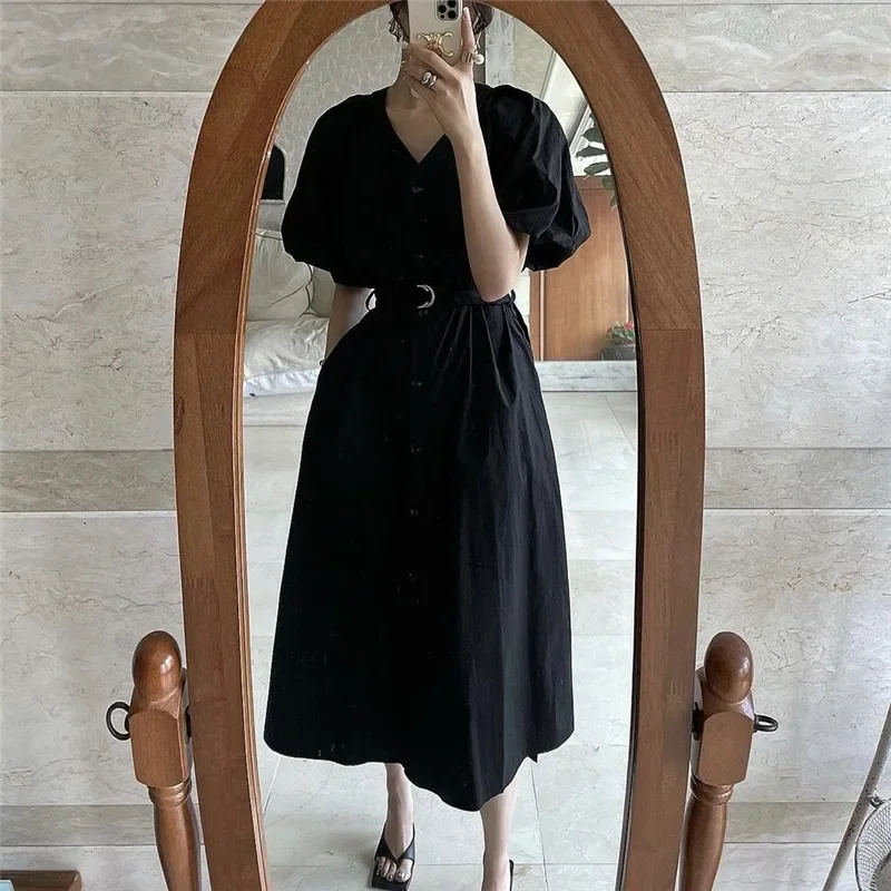 REALEFT Vintage High Waist Women's Shirt Dresses Sashes 2025 New Spring Summer Puff Sleeve V-neck Single Breasted Long Dress