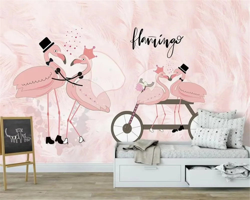 Custom wallpaper 3d Nordic ins style couple flamingo children's room background Cartoon animals kindergarten decoration murals