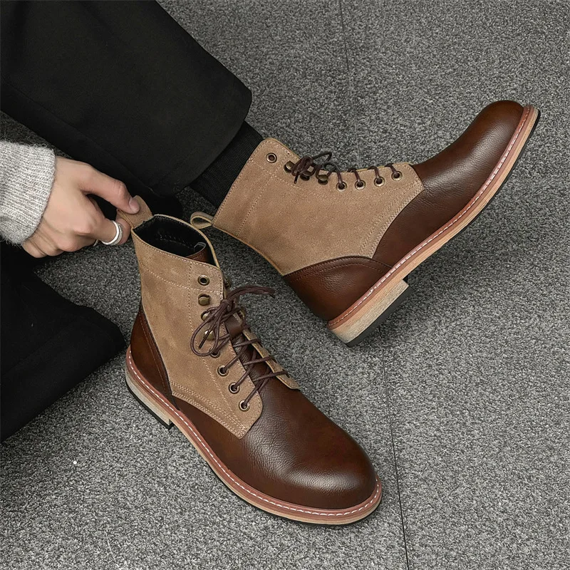 

New Handmade High Quality Men Leather Shoes Vintage British Autumn Winter Platform Boots Tooling Outdoor Motorcylce Boots