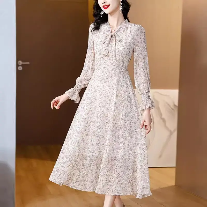 

Slimming Long Sleeve Floral Dress For Women Spring And Autumn 2024 New Chiffon Temperament Bow Collar Dress Midi Vestidos K214