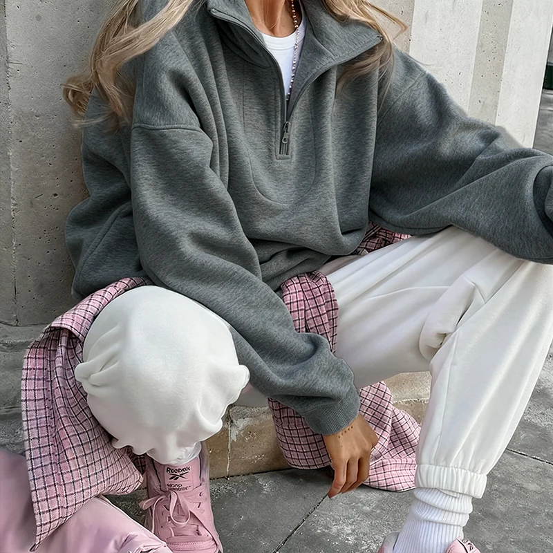 Rosa Winter-Lammfell-Hoodie für Damen mit Reißverschluss und Kragen, Fleece-Pullover für Frauen – Detail 10