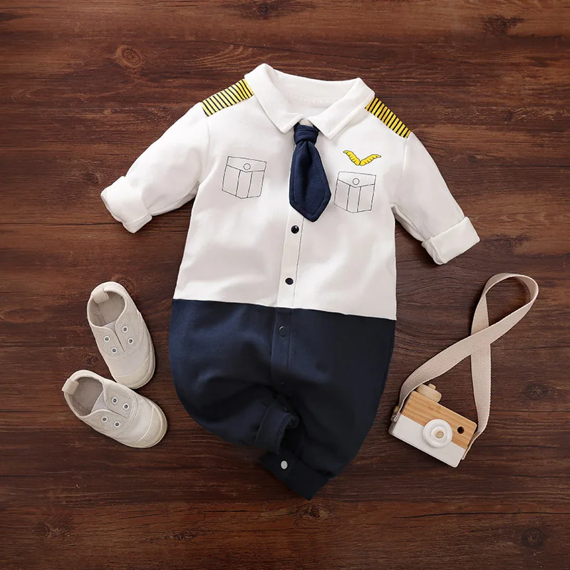 Newborn Baby Boy Long sleeves clothing 0-18 Months one-piece White cotton fashion for Chinese captains Infant Casual Jumpsuit