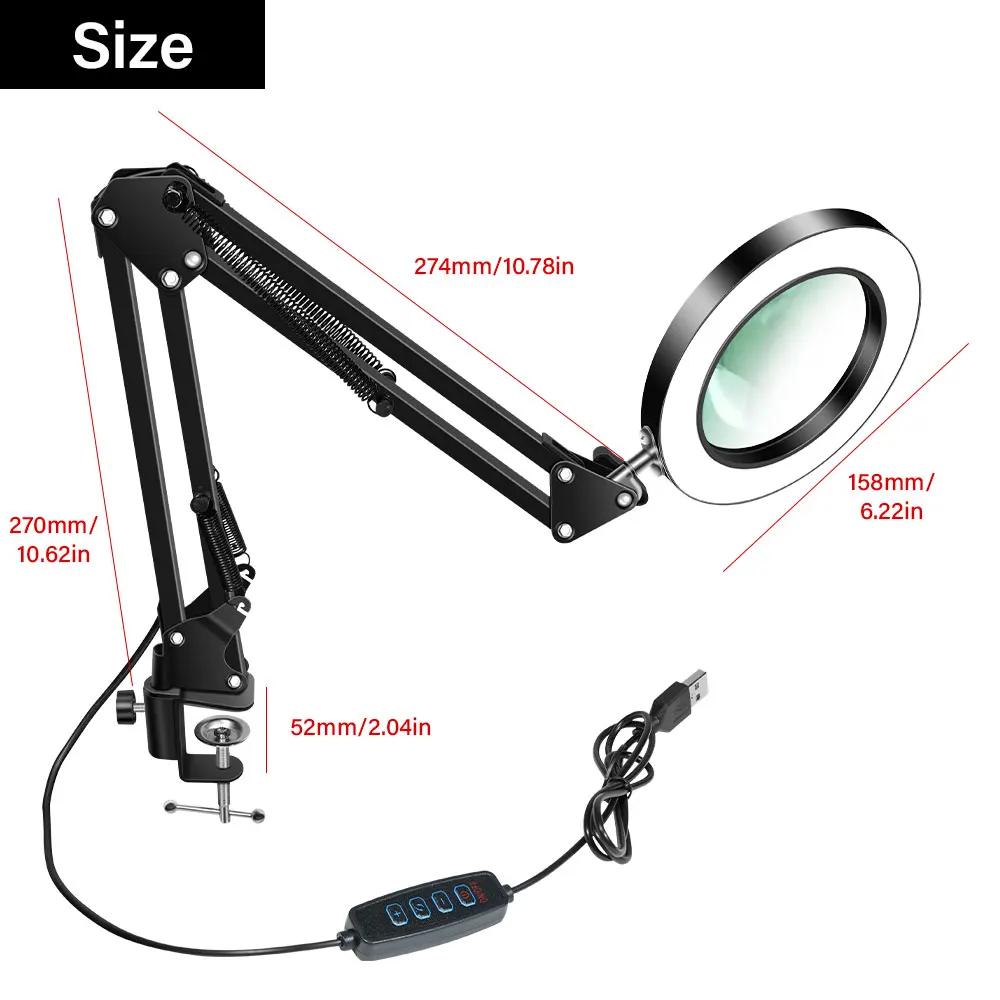 10-fache beleuchtete Lupe mit USB, 3 Farben, 72 LED-Beleuchtung für Lötarbeiten, Reparaturen, Tischlampe, Lesen, Hautpflege und Schönheitsanwendungen – Detail 20