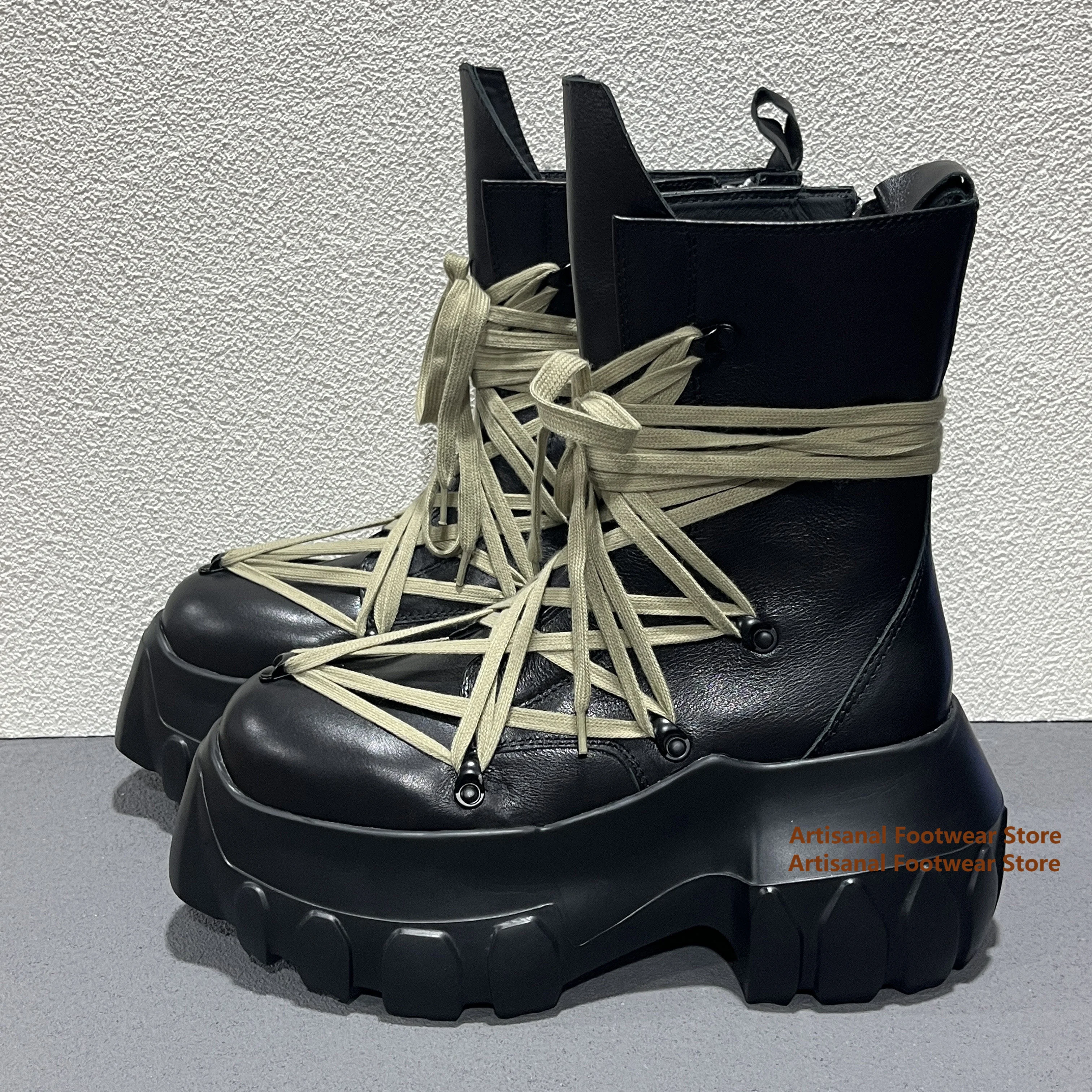 Cross Wrap-Around Lace-Up Leather Boots Thick Sole Platform Side Zip Ankle Booties Luxury Designer Autumn/winter Men's Boots