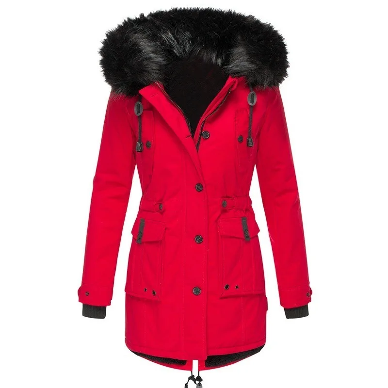 Katoenen jas Dames Parka's Jas Dikke bontkraag Zakken met capuchon Trekkoord Enkele rij knopen Winddichte bovenkleding Overjas Winter